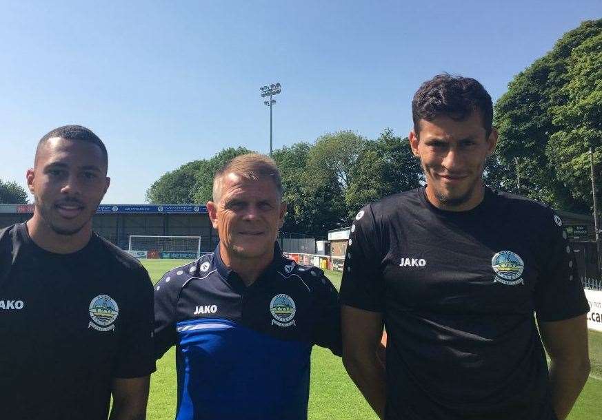 Mr Simpson, left, pictured alongside Dover manager Andy Hessenthaler and Bilel Hinchirl, after signing for the club in 2019