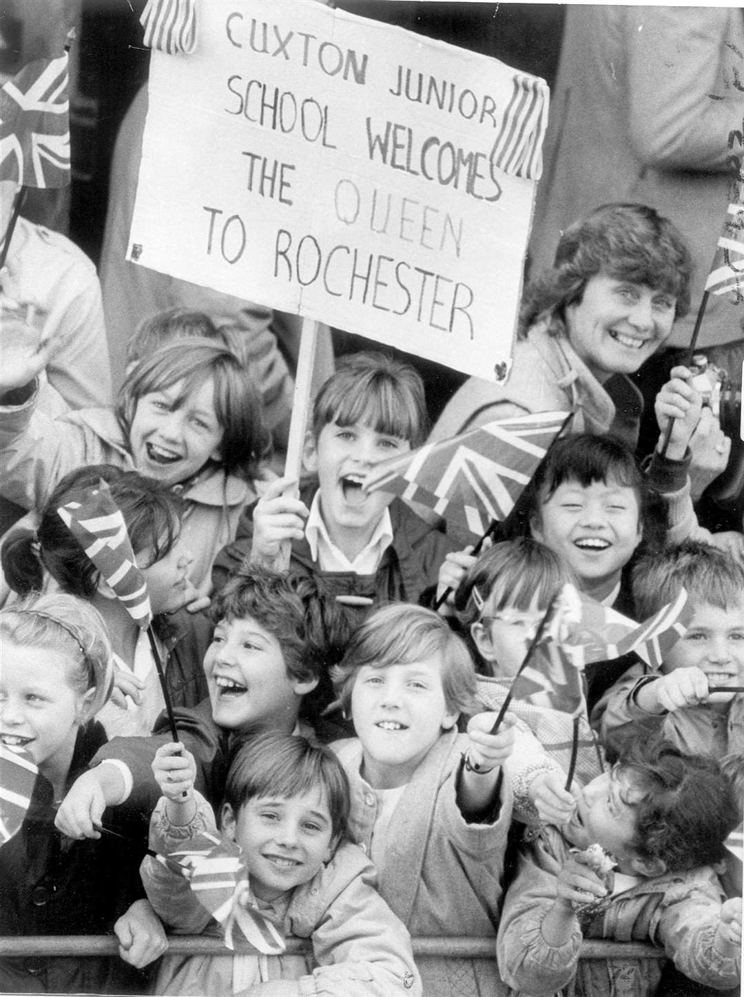 Pupils from Cuxton Junior School were ecstatic at the Queen's visit to Rochester in October 1984.