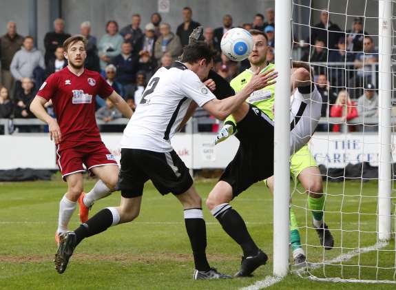 Dartford's Danny Harris and Elliot Bradbrook are unable to force the ball home in the first half. Picture: Andy Jones