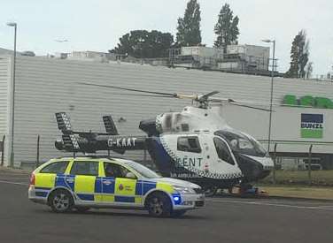 The Kent Air Ambulance landed in the car park area of Formula One Autocentres in Mill Way, Sittingbourne. Picture courtesy of Bill Ryan