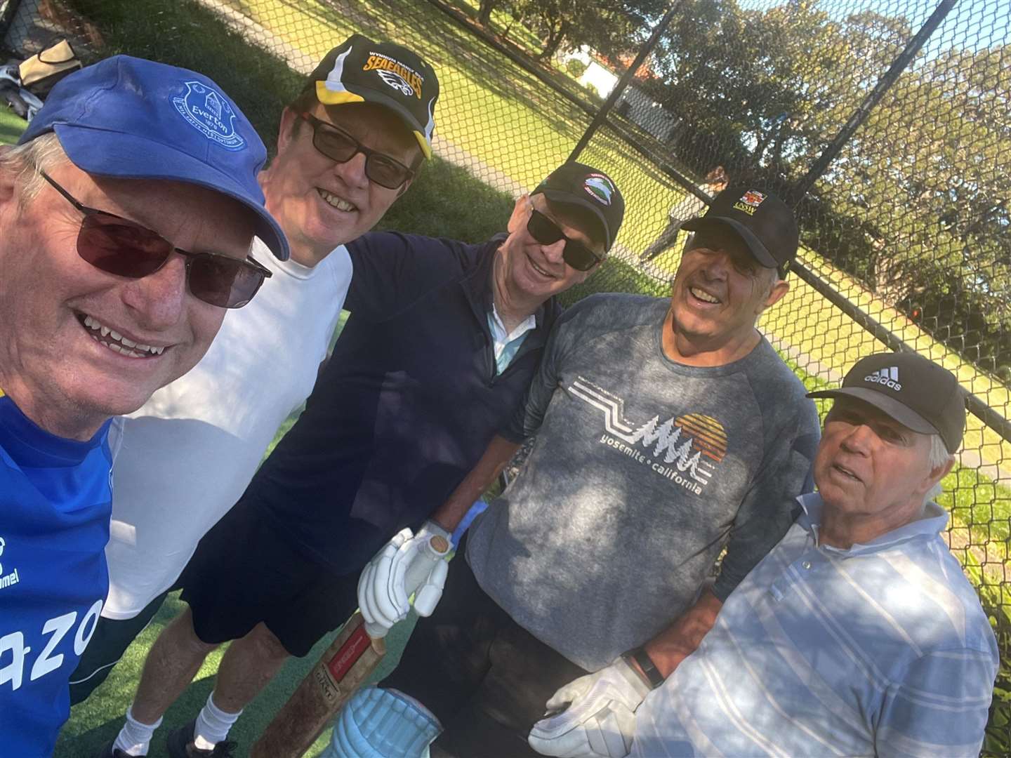 From left, UNSW cricketers Martin Palin, Peter Godber and John Gallagher, who played at Sibton Park in 1988, Glenn Clark, who played for Hythe in 1984, and Jim Robson, who played for Hythe in 1985