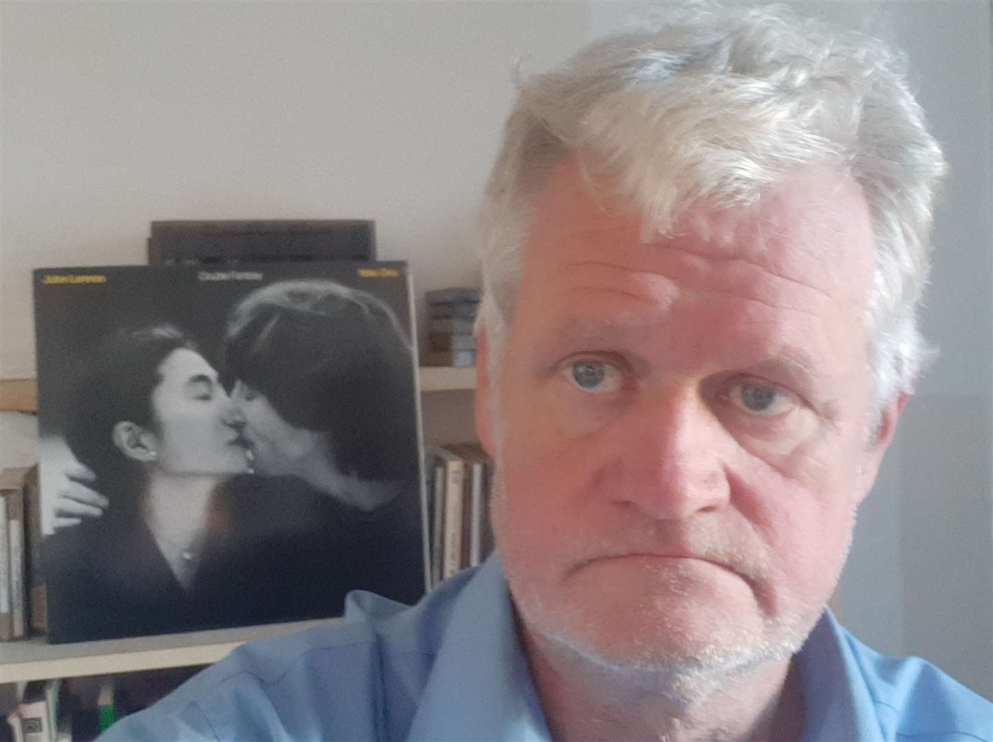 Sam today with his copy of the last record in John Lennon's lifetime, Double Fantasy