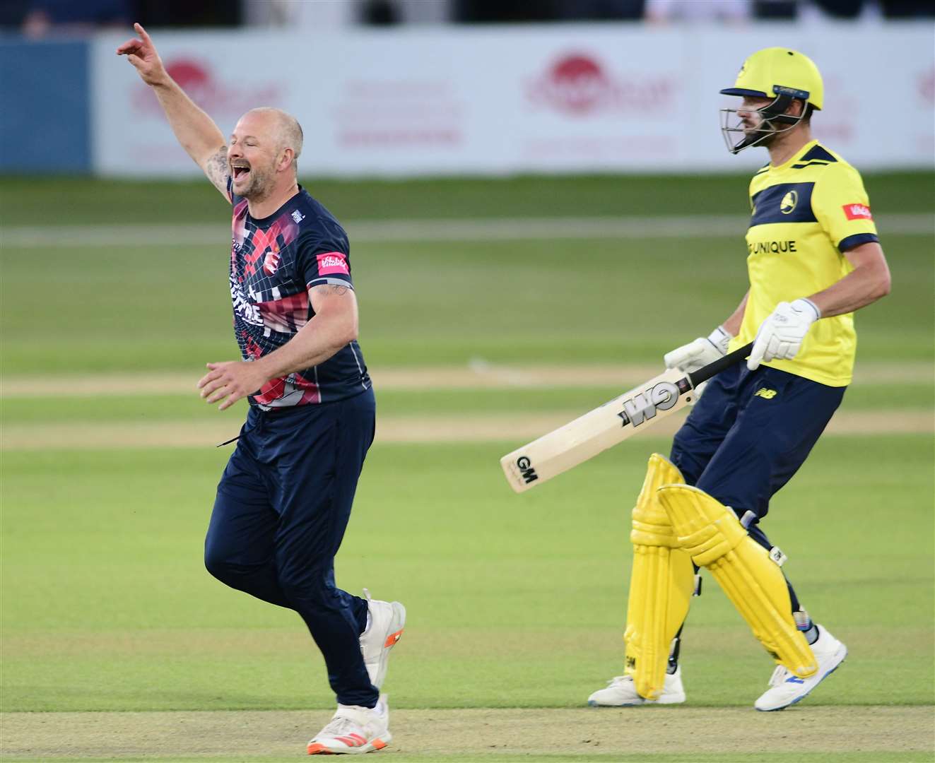 Darren Stevens celebrates the wicket of D'Arcy Short. Picture: Barry Goodwin