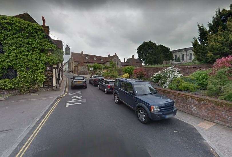 KCC has installed an extension to the double yellow lines outside the Leather Bottle pub and church in Cobham to ban cars parking. Picture: Google
