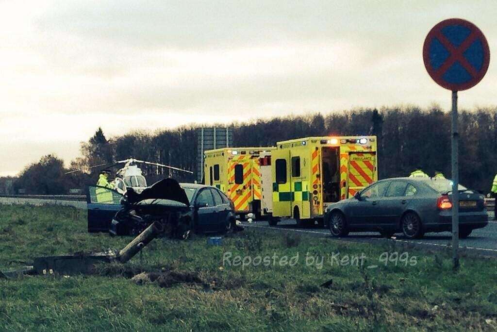 The air ambulance attends the scene of the accident. Picture from @Kent_999s