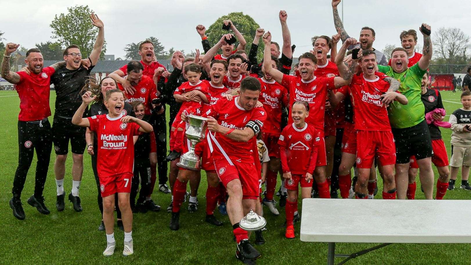 Captain Louis Valencia leads the celebrations after Hollands and Blair’s cup win over Fisher last year Picture: Les Biggs