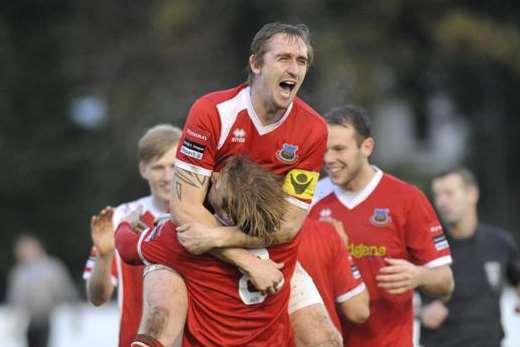 James Morrish celebrates his goal for Whitstable (Pic: Tony Flashman)