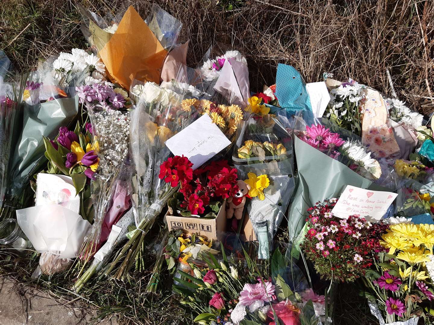 Tributes left following the discovery of the remains of Sarah Everard