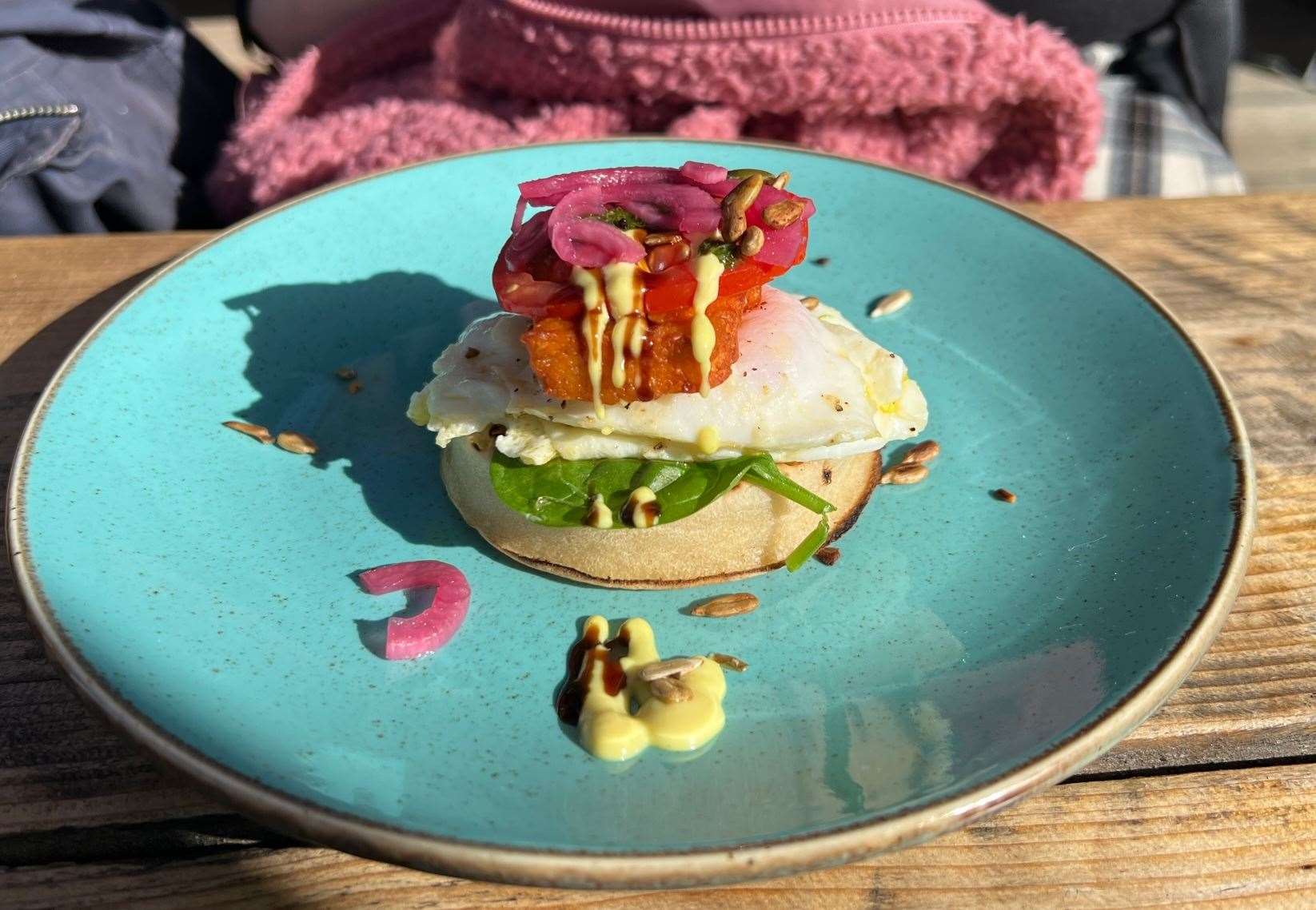 A Veggie Crumpet Slider - with eggs and halloumi. Yum
