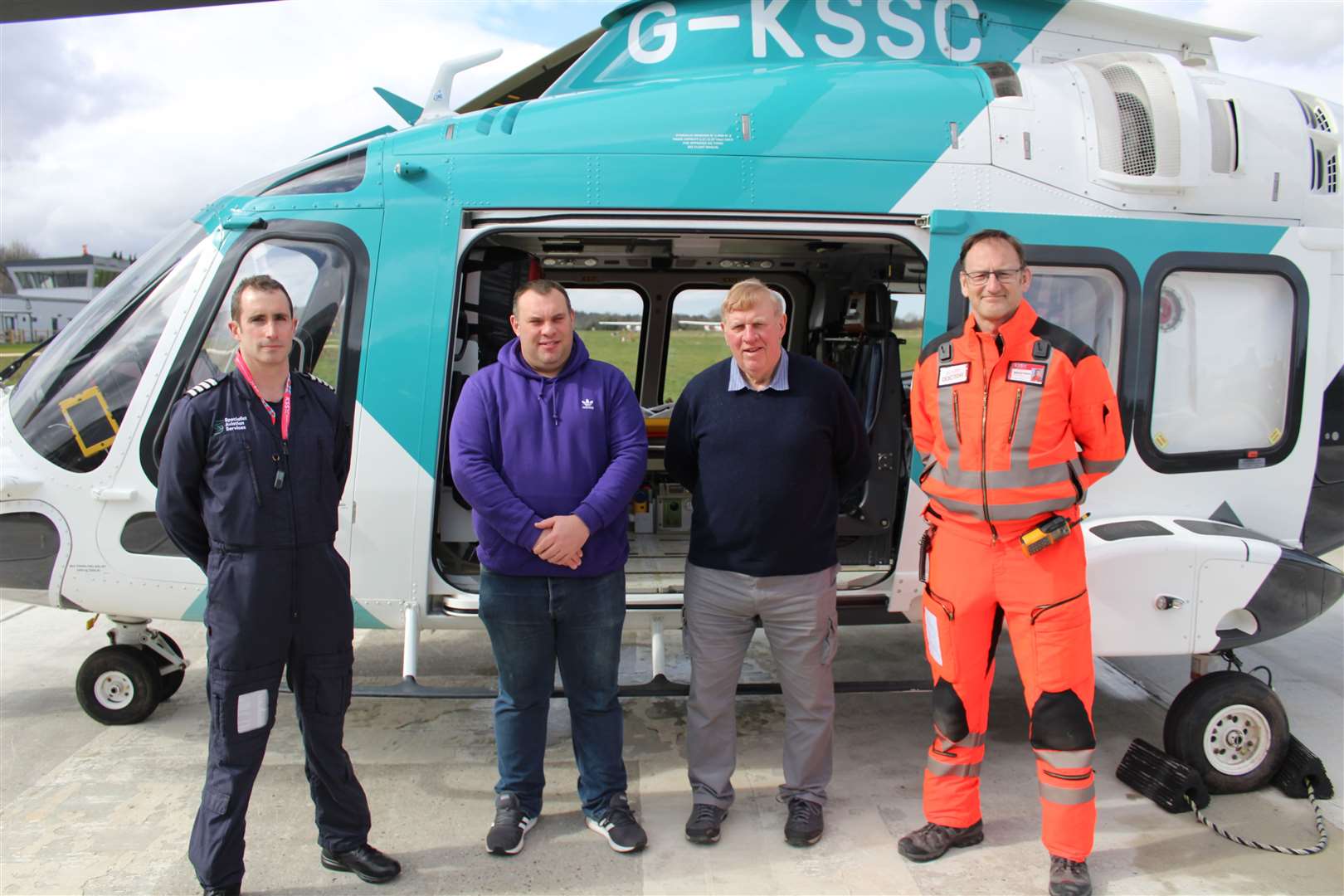 From left: KSS pilot, David Gifford, Steve and dad Colin Harley and HEMS Doctor Magnus Nelson at KSS in Rochester. Picture: KSS