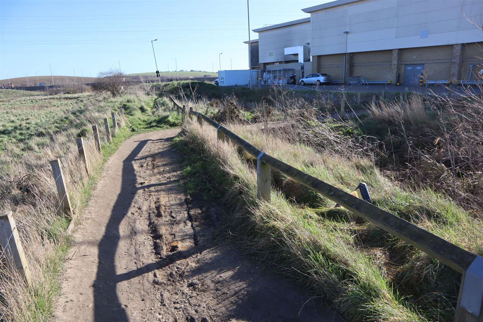 The muddy track at Neats Court retail park, Queenborough, which becomes impassable after rain. It is section C on the map