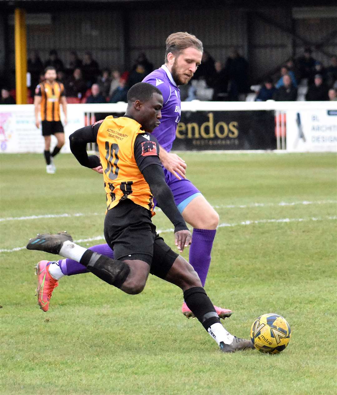 Folkestone's Ade Yusuff takes on Hornchurch. Picture: Randolph File