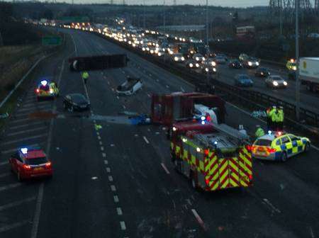 The aftermath of the crash on the A2 in which a transporter overturned.