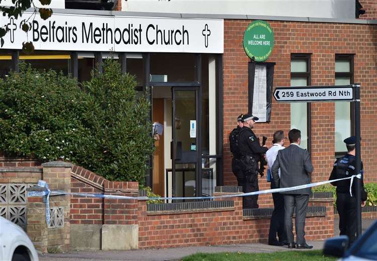 Armed police officers outside the Belfairs Methodist Church in Eastwood Road North (Nick Ansell/PA)