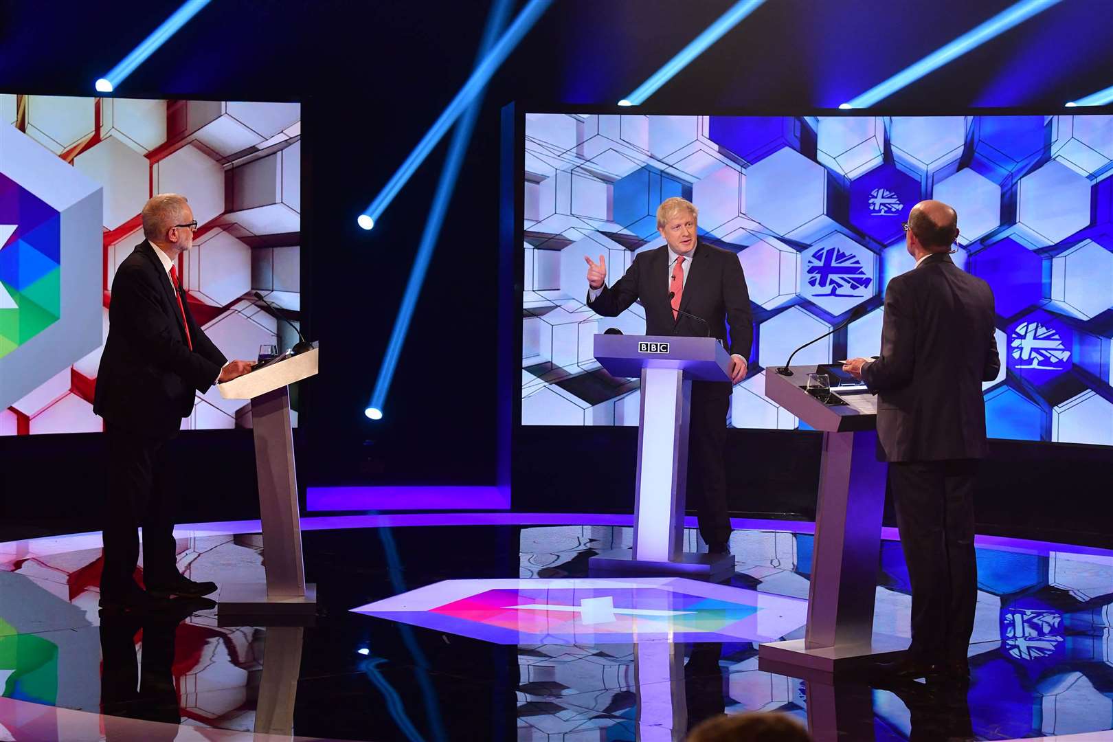 Prime Minister Boris Johnson and Labour leader Jeremy Corbyn going head to head in the BBC Election Debate in Maidstone, Picture: Jeff Overs/BBC/PA Wire