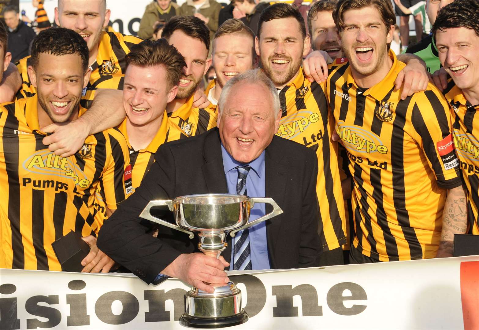 Neil Cugley and Folkestone Invicta celebrate winning the title in 2016. Picture: Gary Browne