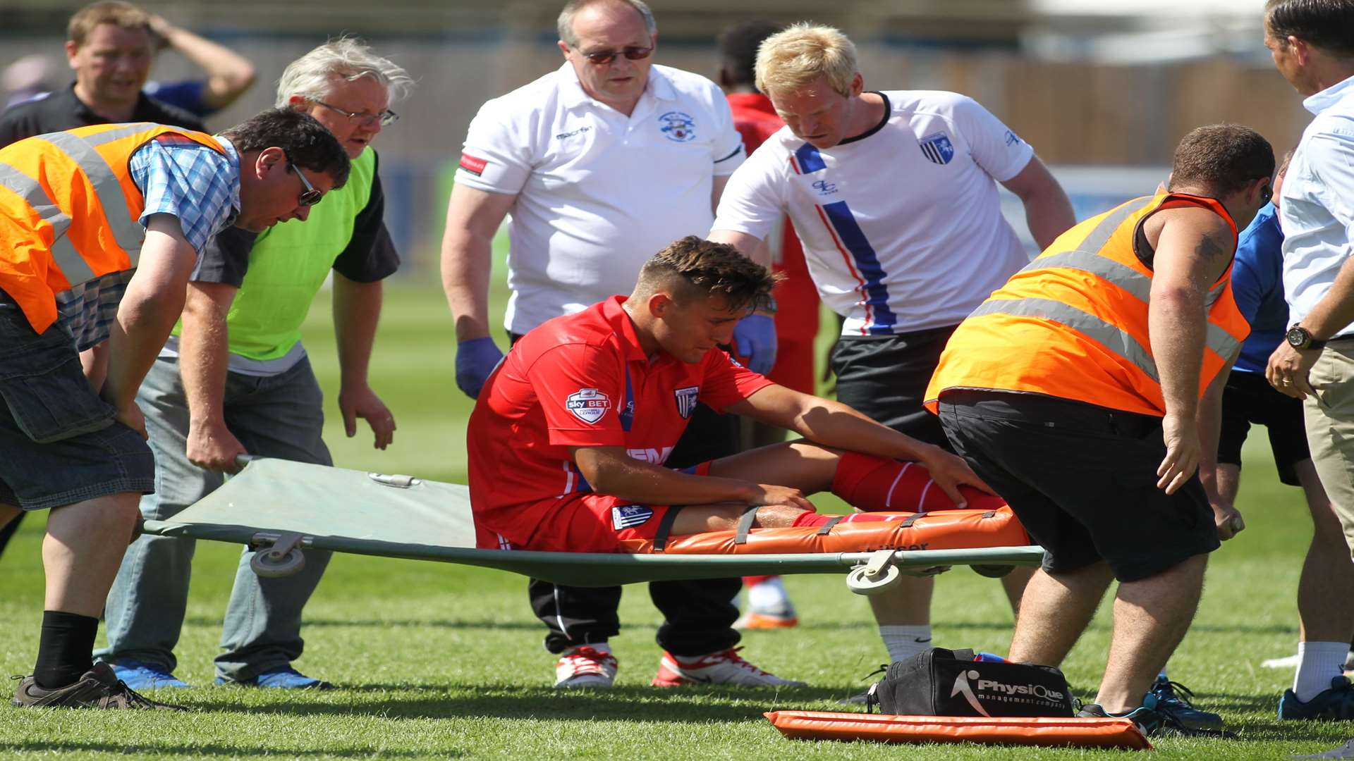 Josh Hare is stretchered off playing for Gillingham in a pre-season friendly at Tonbridge in 2015
