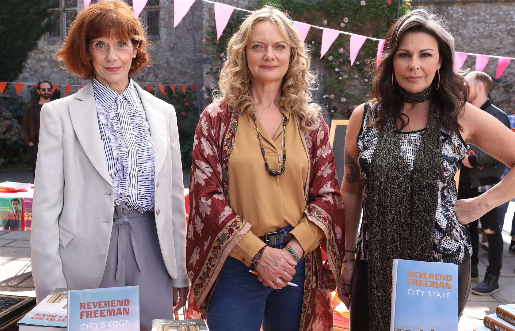 From left, Queens of Mystery Stars Siobhan Redmond, Sarah Woodward, and Julie Graham