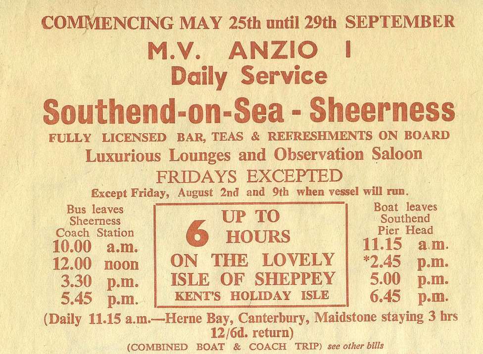 Old poster for the Anzio cruises: "Up to six hours on the lovely Isle of Sheppey - Kent's Holiday Isle."