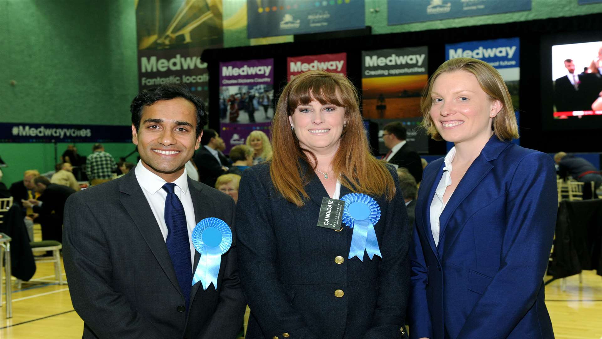 Medway's MPs, Rehman Chishti, Kelly Tolhurst, and Tracey Crouch at the general election count