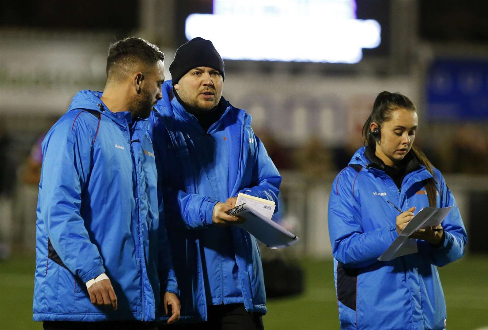 Simon Walton and Tristan Lewis discuss tactics, flanked by physio Beth Cooper Picture: Andy Jones