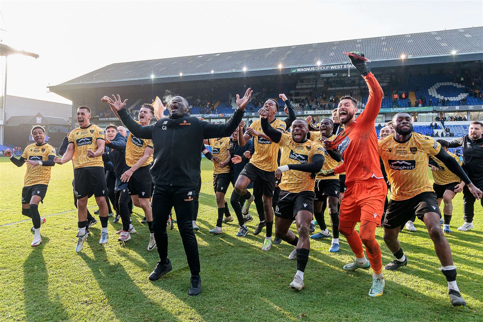 Maidstone celebrate their FA Cup fourth-round victory at Ipswich. Picture: Helen Cooper