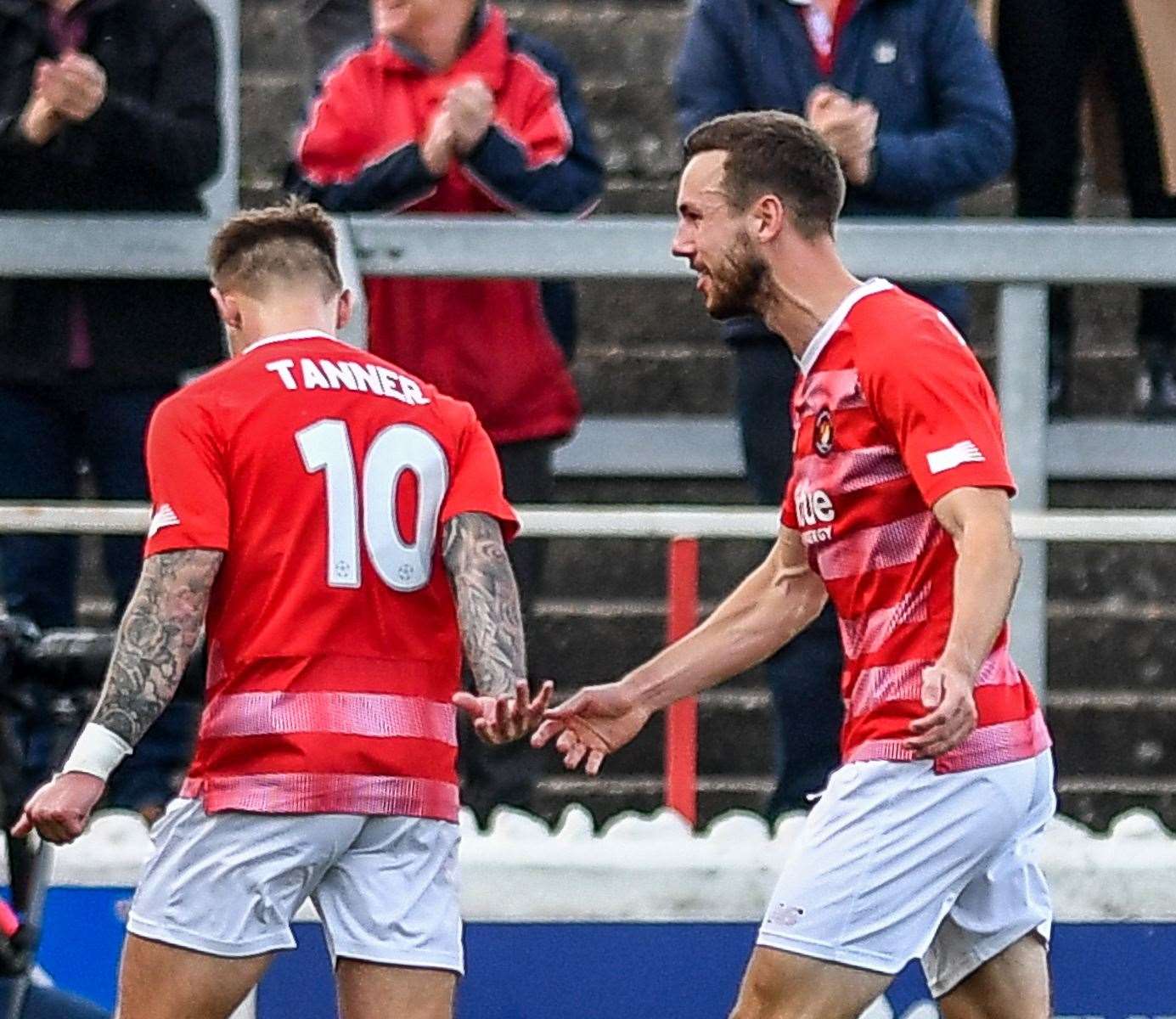 Craig Tanner celebrates his goal with Greg Cundle. Picture: Dave Budden