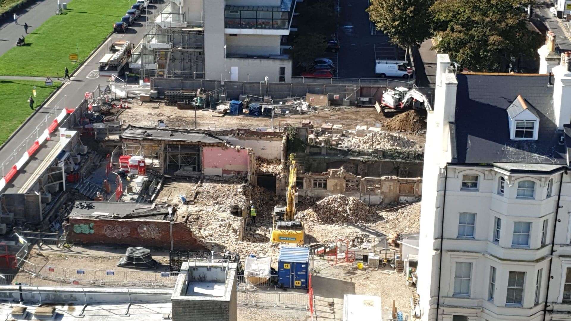 Aerial view of the demolition of the Leas Pavilion in Folkestone taken from No1 The Leas in October 2022