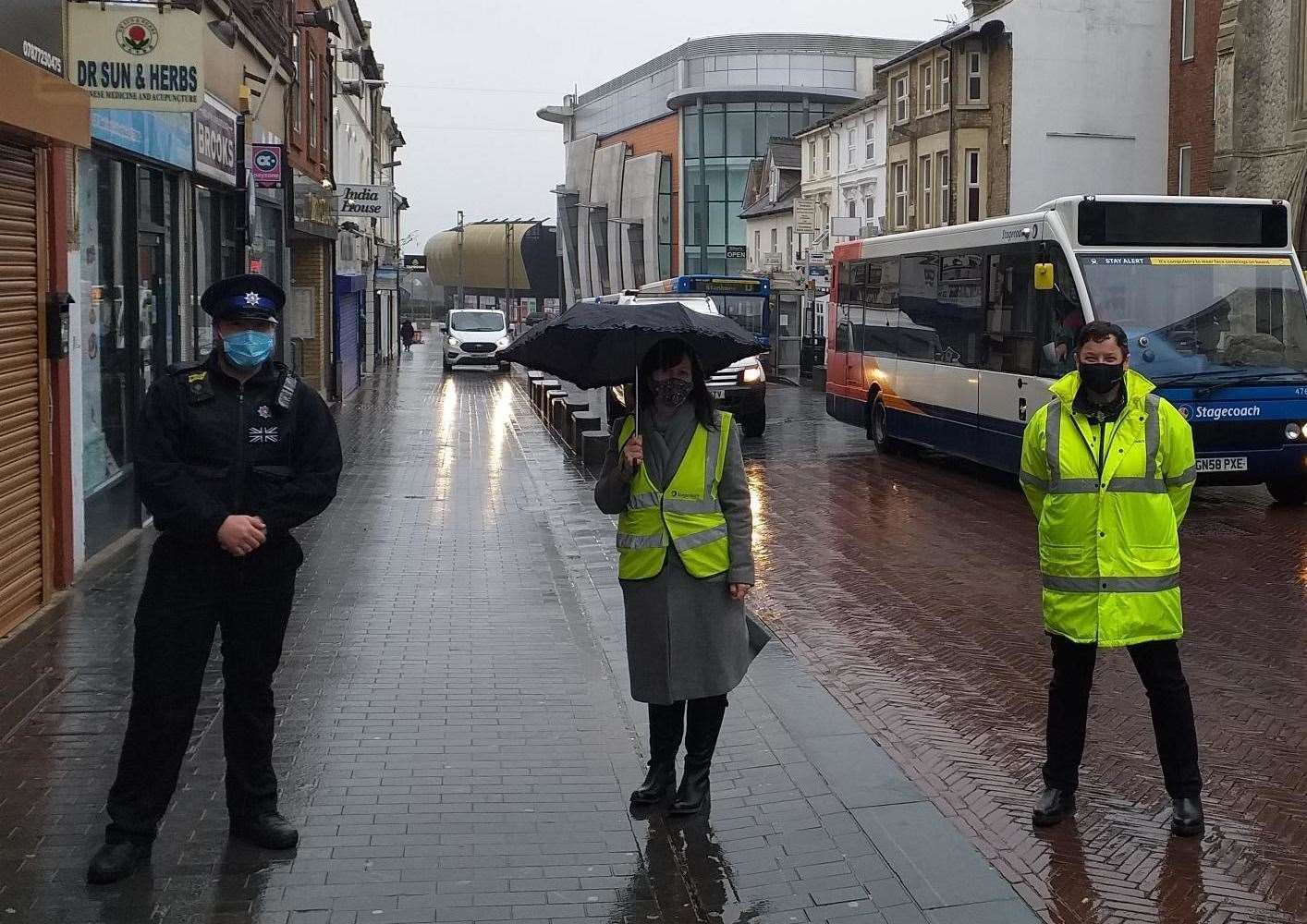 Police and Stagecoach staff were out in Bank Street on Tuesday to ensure everyone travelled safely. Picture: Kent Police Ashford