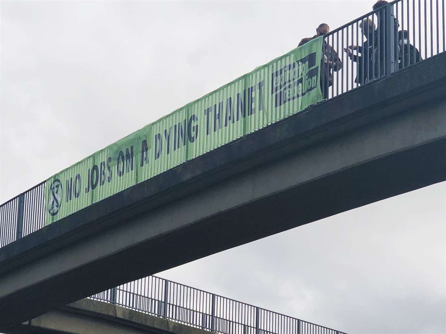 A banner protesting the plans to reopen Manston Airport as part of Extinction Rebellion's raft of campaigns this weekend