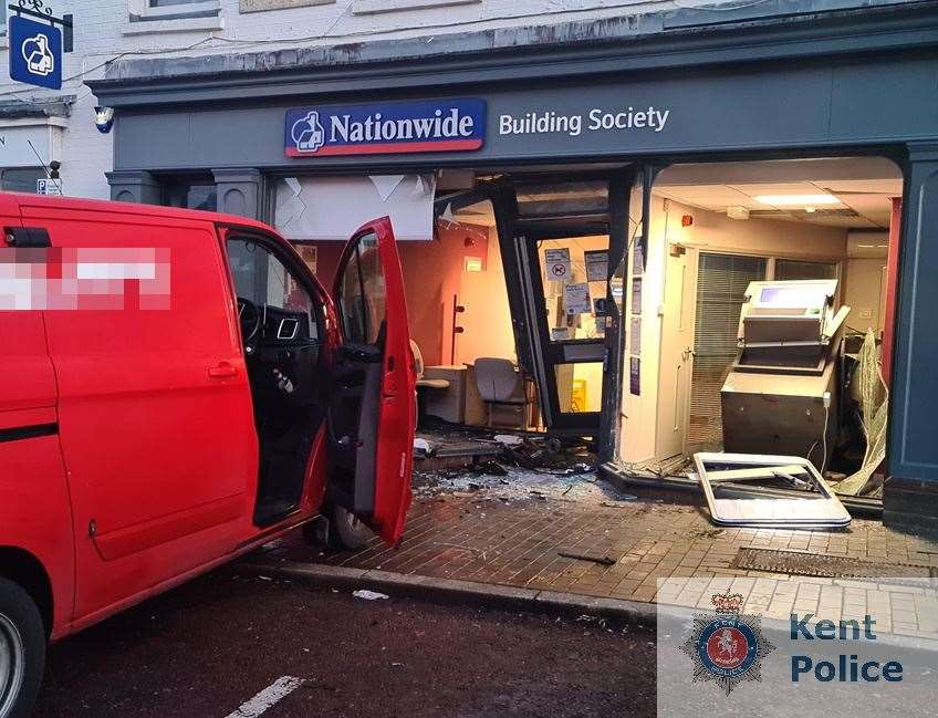 A man has been arrested after a van crashed into the front of the Nationwide Building Society in Westerham this morning. Picture: Kent Police