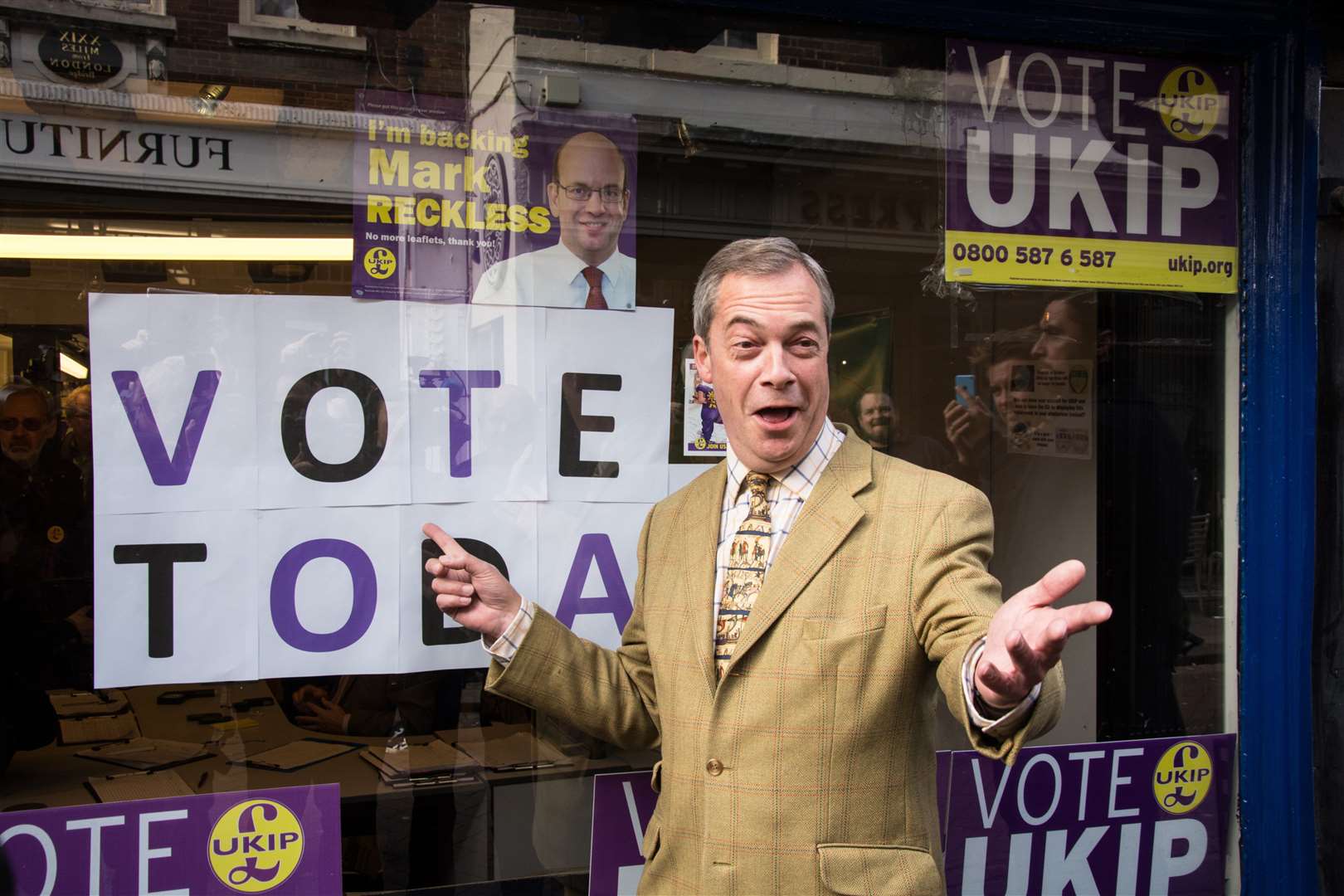 Nigel Farage is a former leader of UKIP, and is pictured here at the Rochester offices on the day of a by-election for Rochester and Strood in 2014