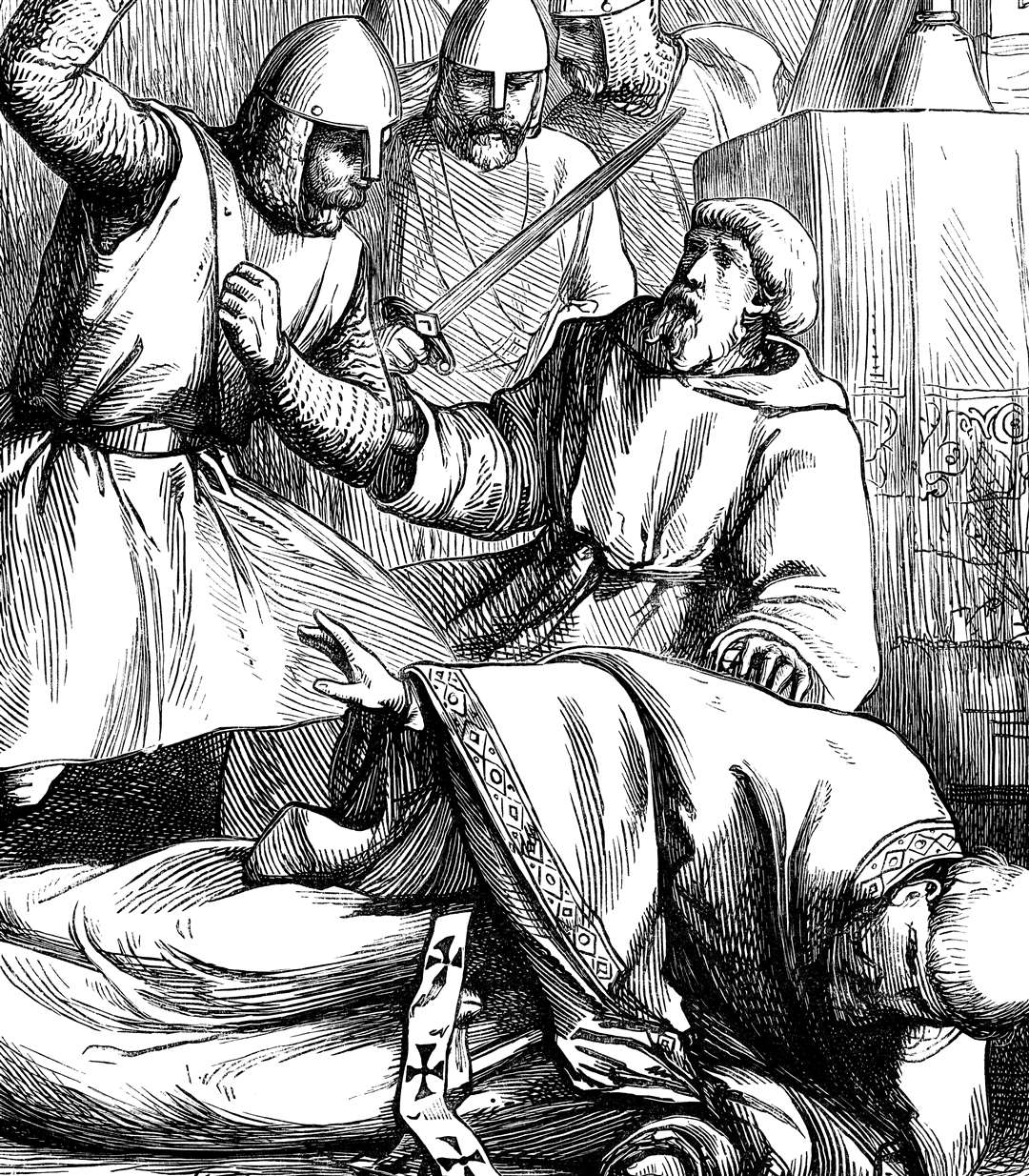 An engraved illustration of the murder of Thomas a Becket at Canterbury Cathedral from a Victorian book dated 1866