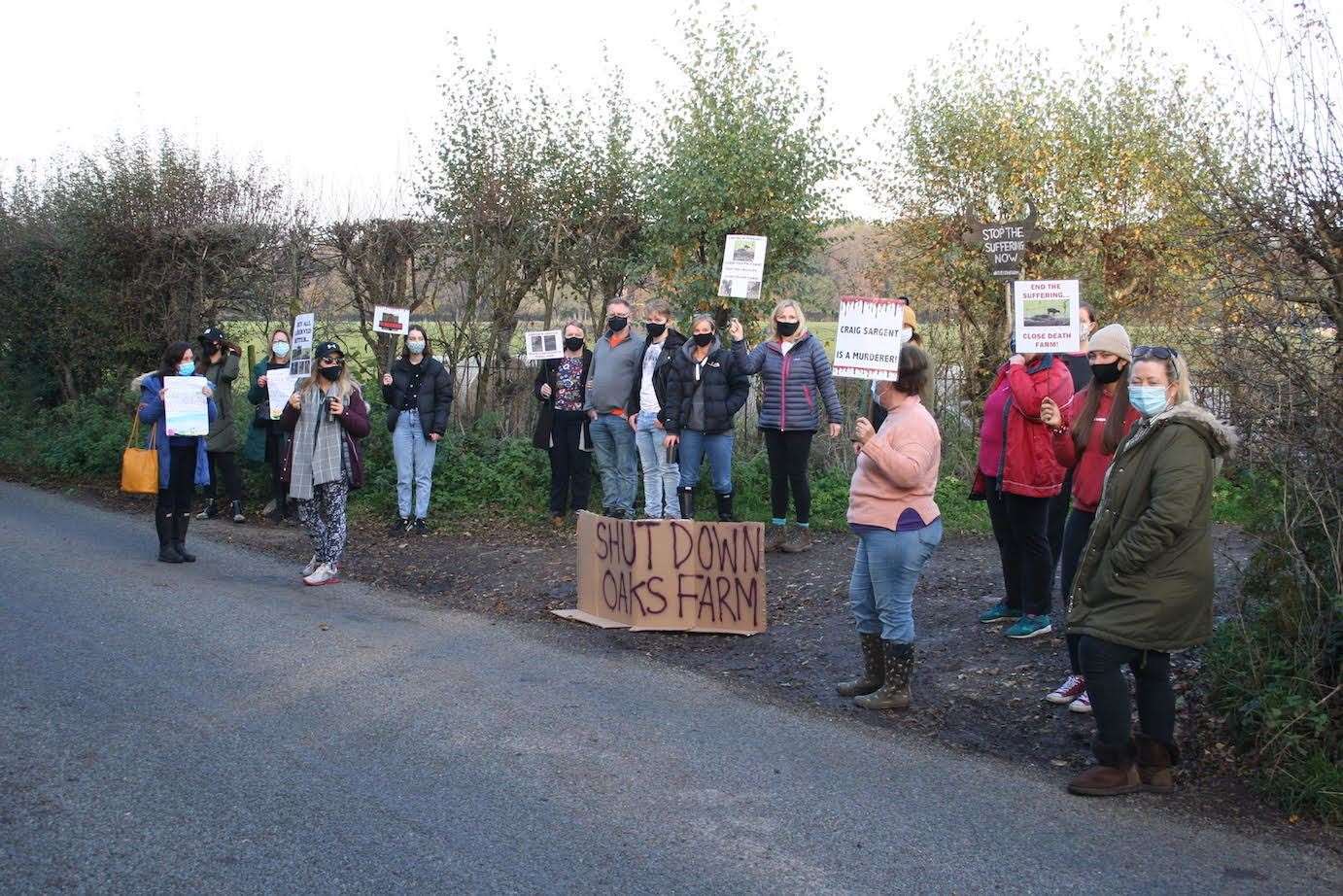 Protesters outside The Oaks Farm owned by Craig Sargent in Halstead