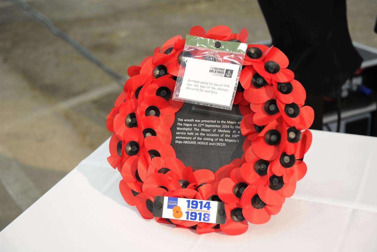 Wreath handed over to a representative of the Mayor of Hague at a memorial service to commemorate the deaths of 1,459 sailors during one of the biggest naval disasters of the First World War.
