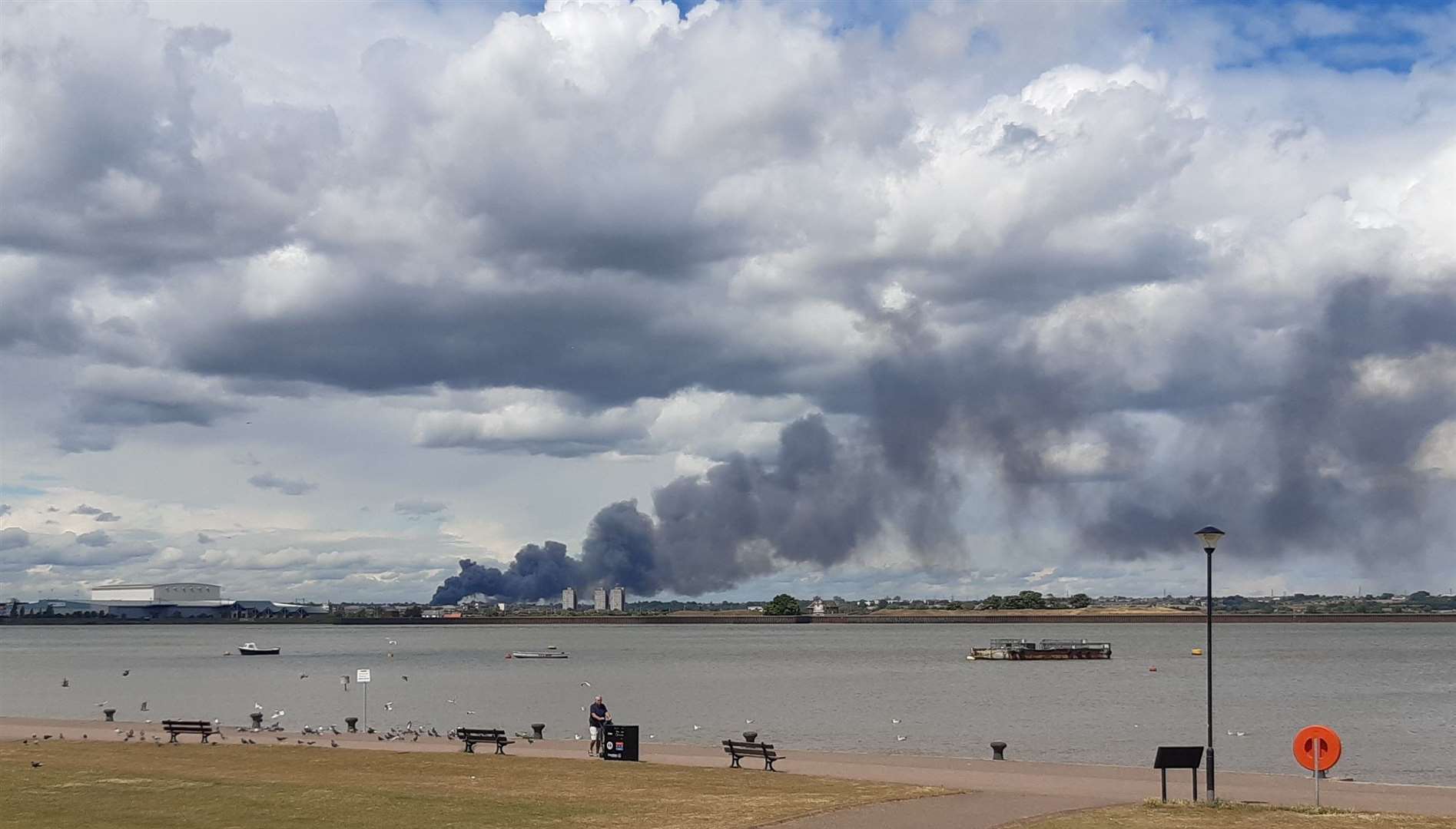 Smoke rising from a fire in Essex, as seen from Gravesend. Images: Kai Bailey