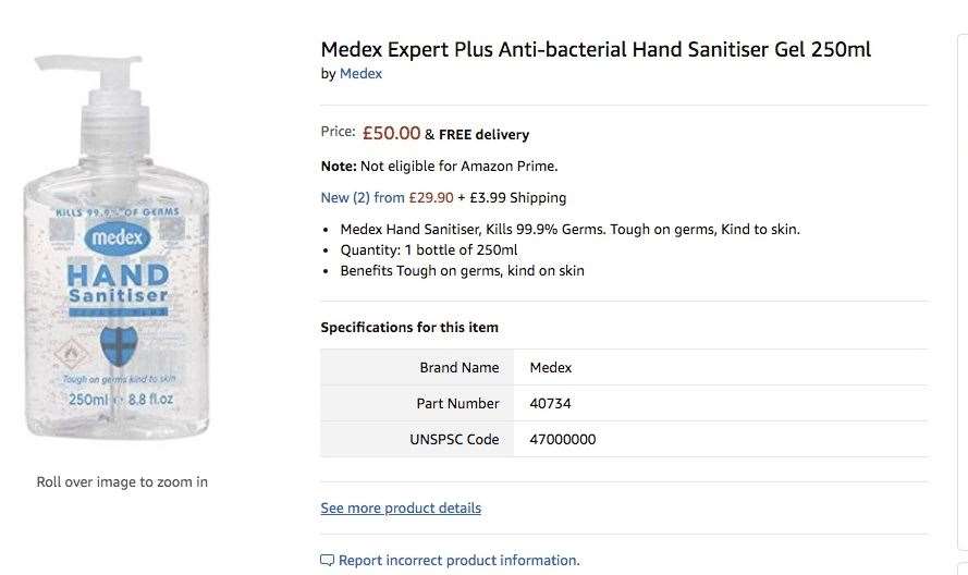 A 250ml bottle of hand gel is being sold on Amazon for £50