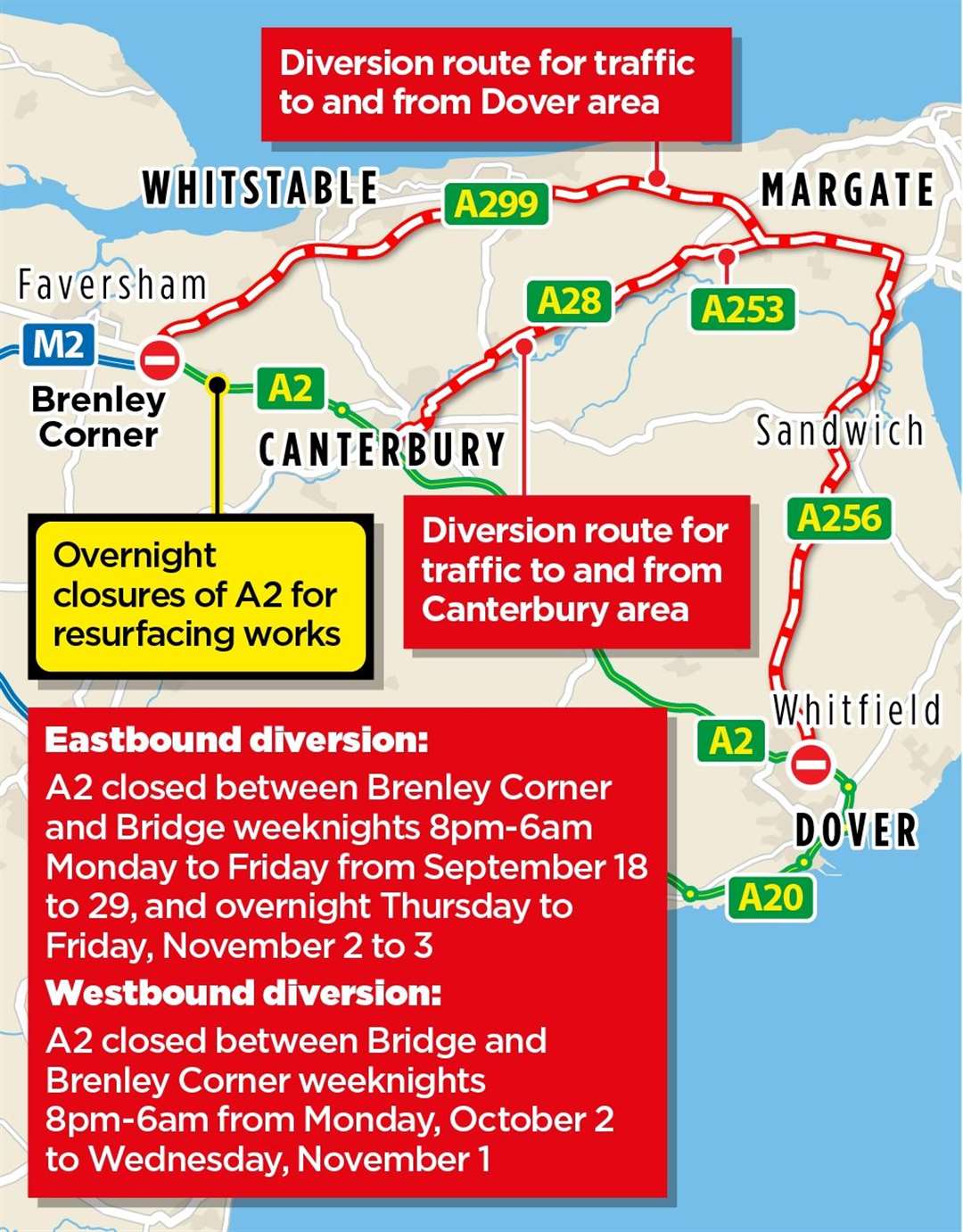 Details on the A2 road closures between September 18 and November 4