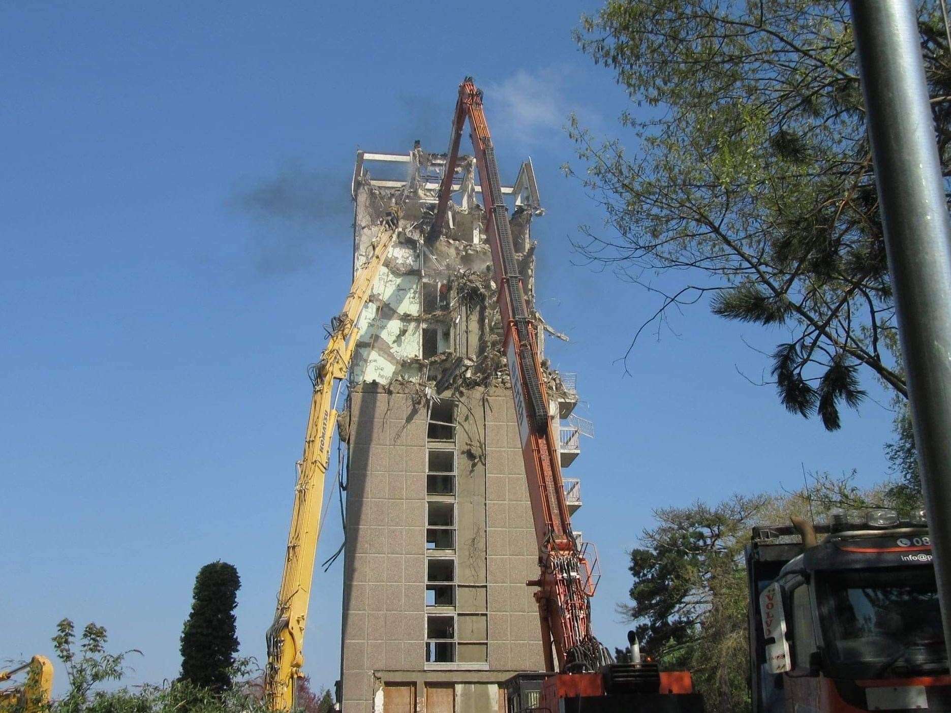 The library tower being demolished in 2022