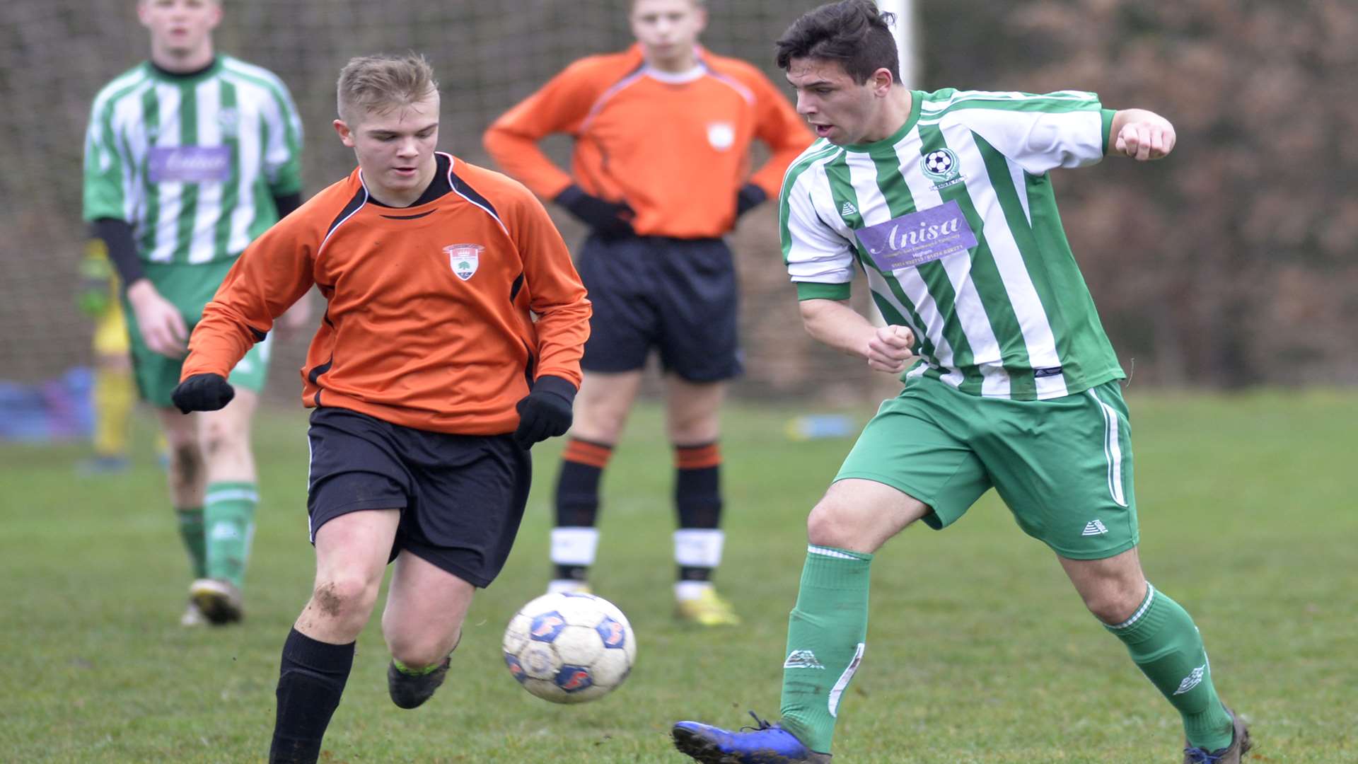 Eagles (stripes) and Lordswood Youth under-18s contest possession in the John Leeds quarter-final Picture: Ruth Cuerden