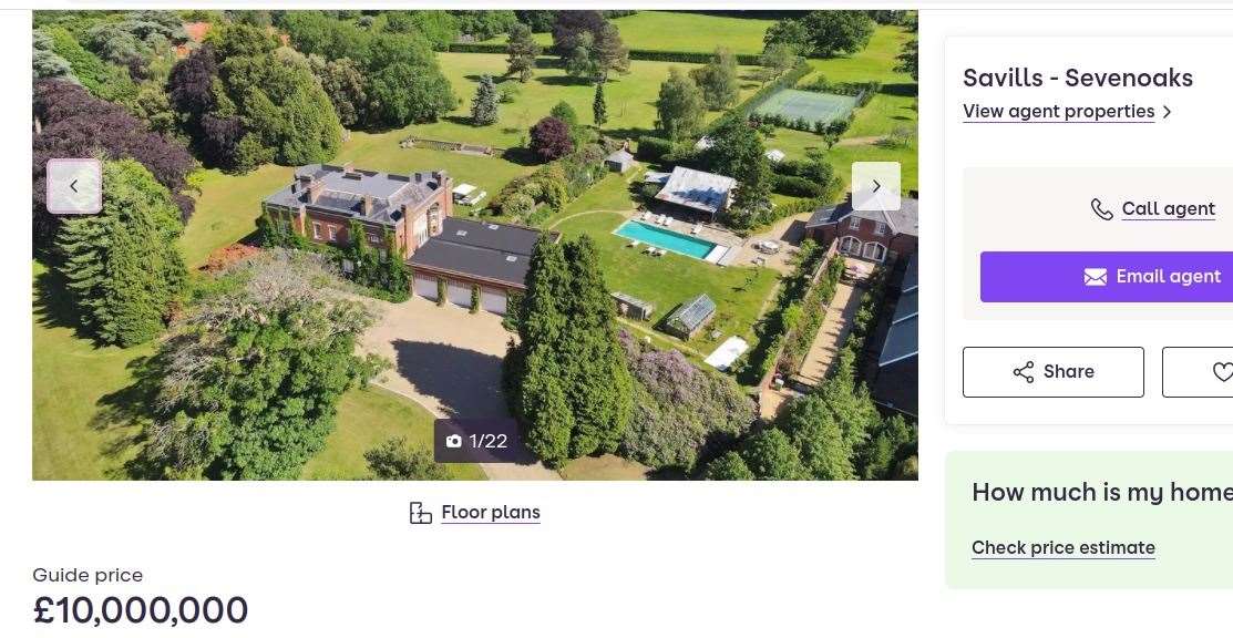 The most expensive house in Sevenoaks, as shown on Zoopla. Picture: Zoopla
