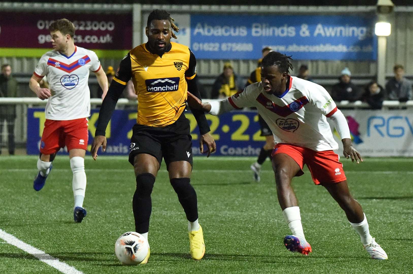 Christie Pattisson on the ball during Maidstone's 3-0 defeat by Aldershot on Tuesday night. Picture: Steve Terrell