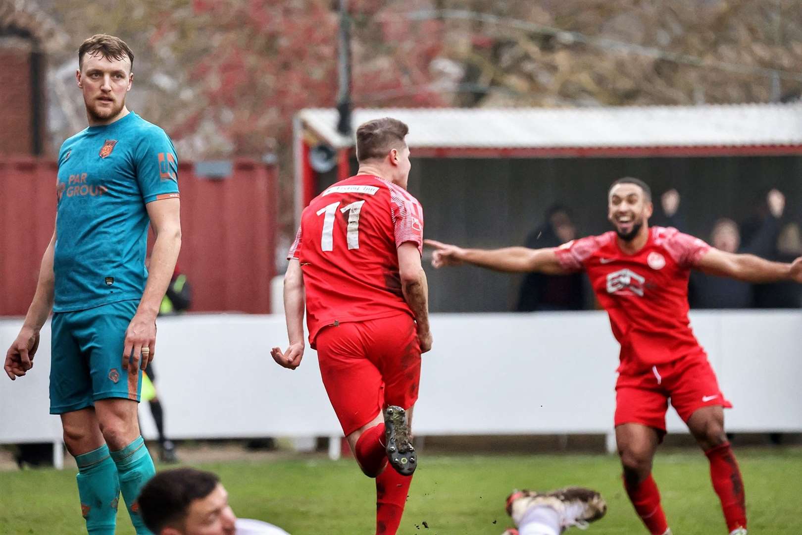 Jake Embery (No.11) celebrates after giving Hythe the lead against Chorley. Picture: Helen Cooper
