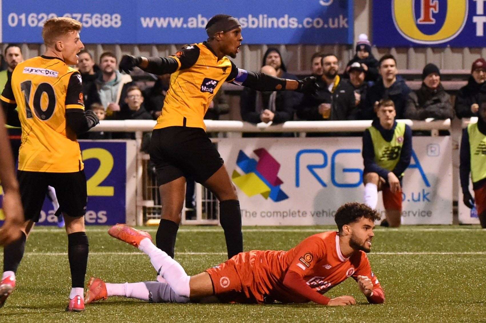Gavin Hoyte gives Maidstone a 4-1 lead against Welling Picture: Steve Terrell