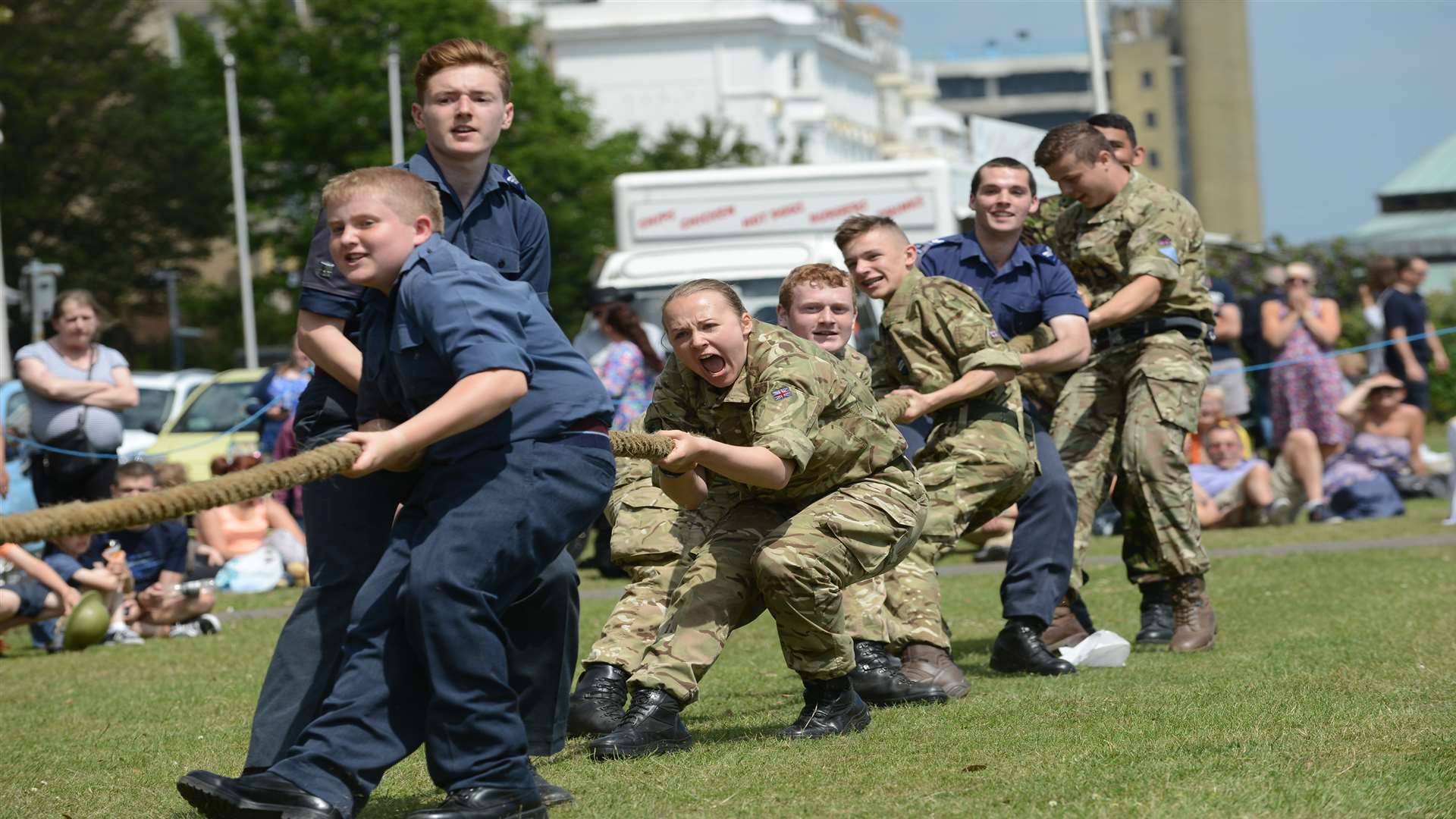 Cadets take part in a tug of war competition in Folkestone