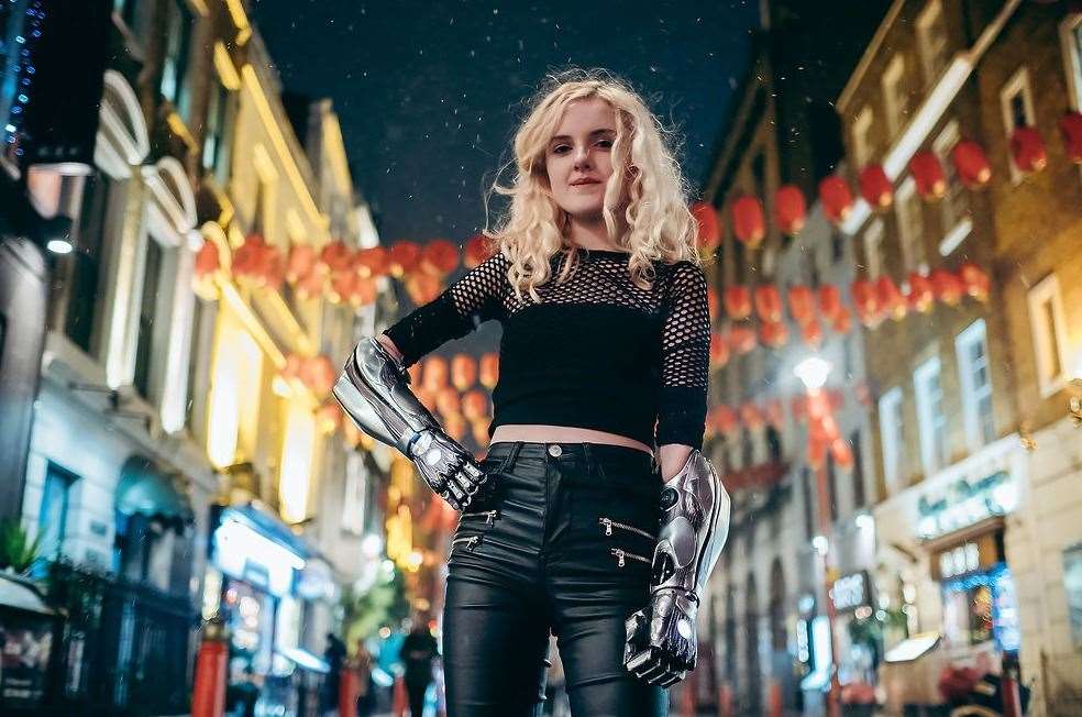 Teenager Tilly Lockey uses two bionic Hero Arms. Picture: Open Bionics