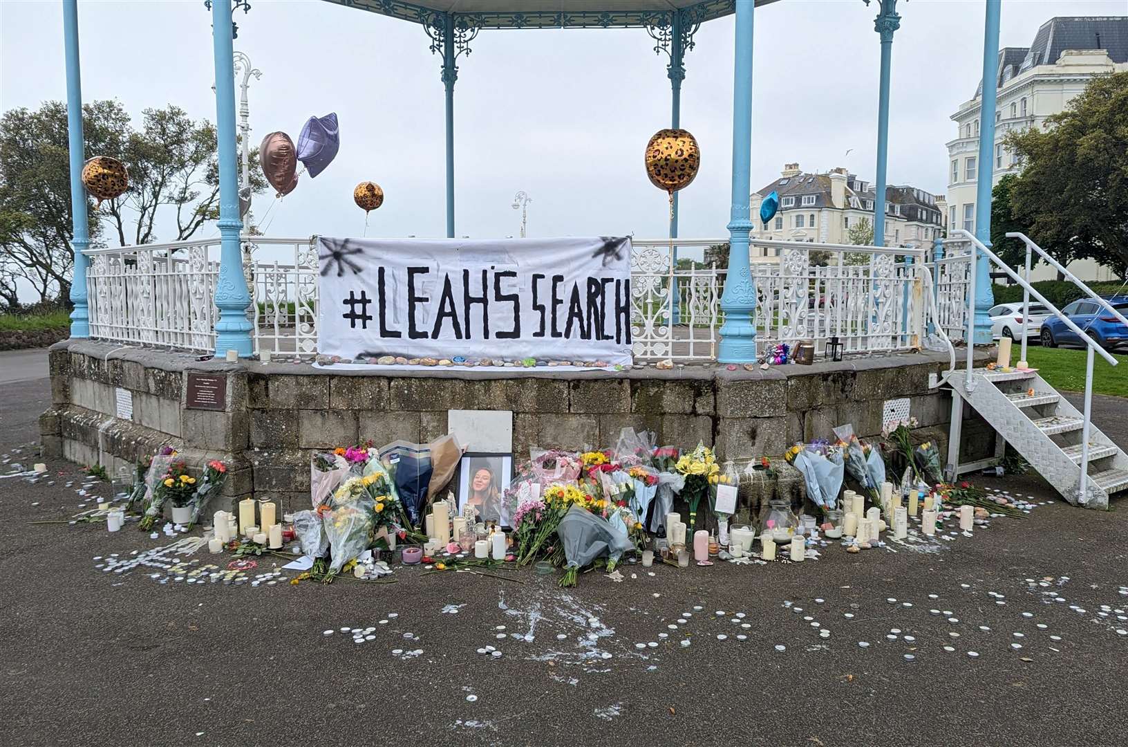 Tributes to Leah Daley left at the bandstand on The Leas in Folkestone following the discovery of a body in the search for the missing 24-year-old