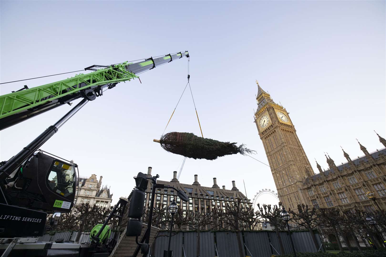 Workers used a crane to put the 40ft tree up (UK Parliament/Roger Harris/PA)