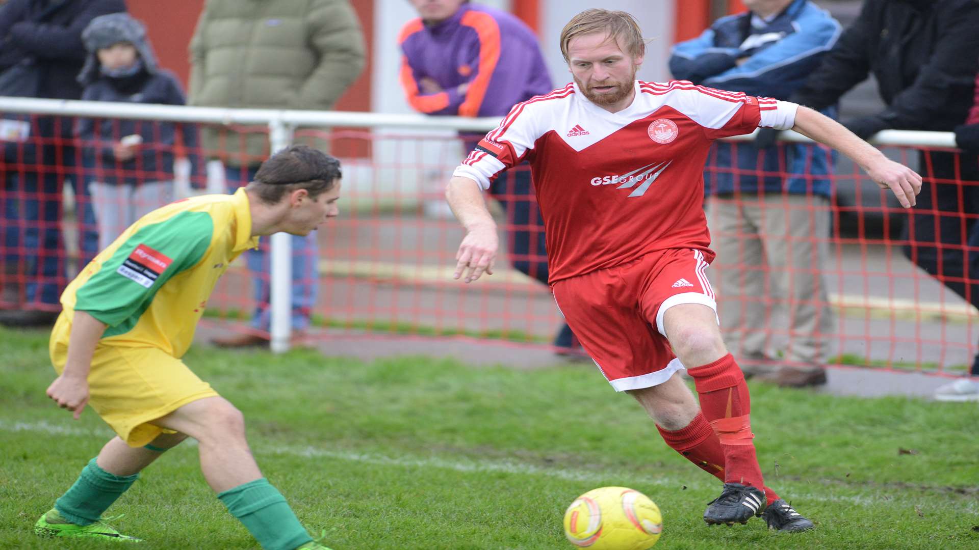 Josh Burchell on the ball for Hythe in their last home game against Walton & Hersham Picture: Gary Browne