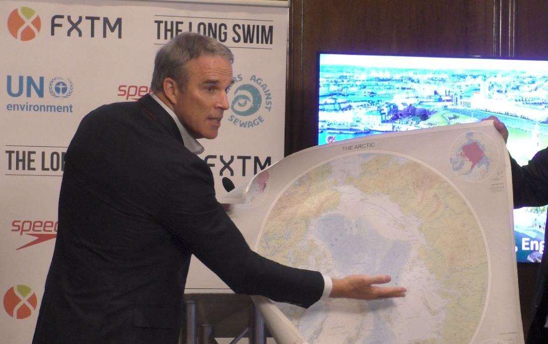 Lewis Pugh at the launch of The Long Swim on July 10, showing the course of his previous marathon swim in the Arctic.Picture: Harry Peet